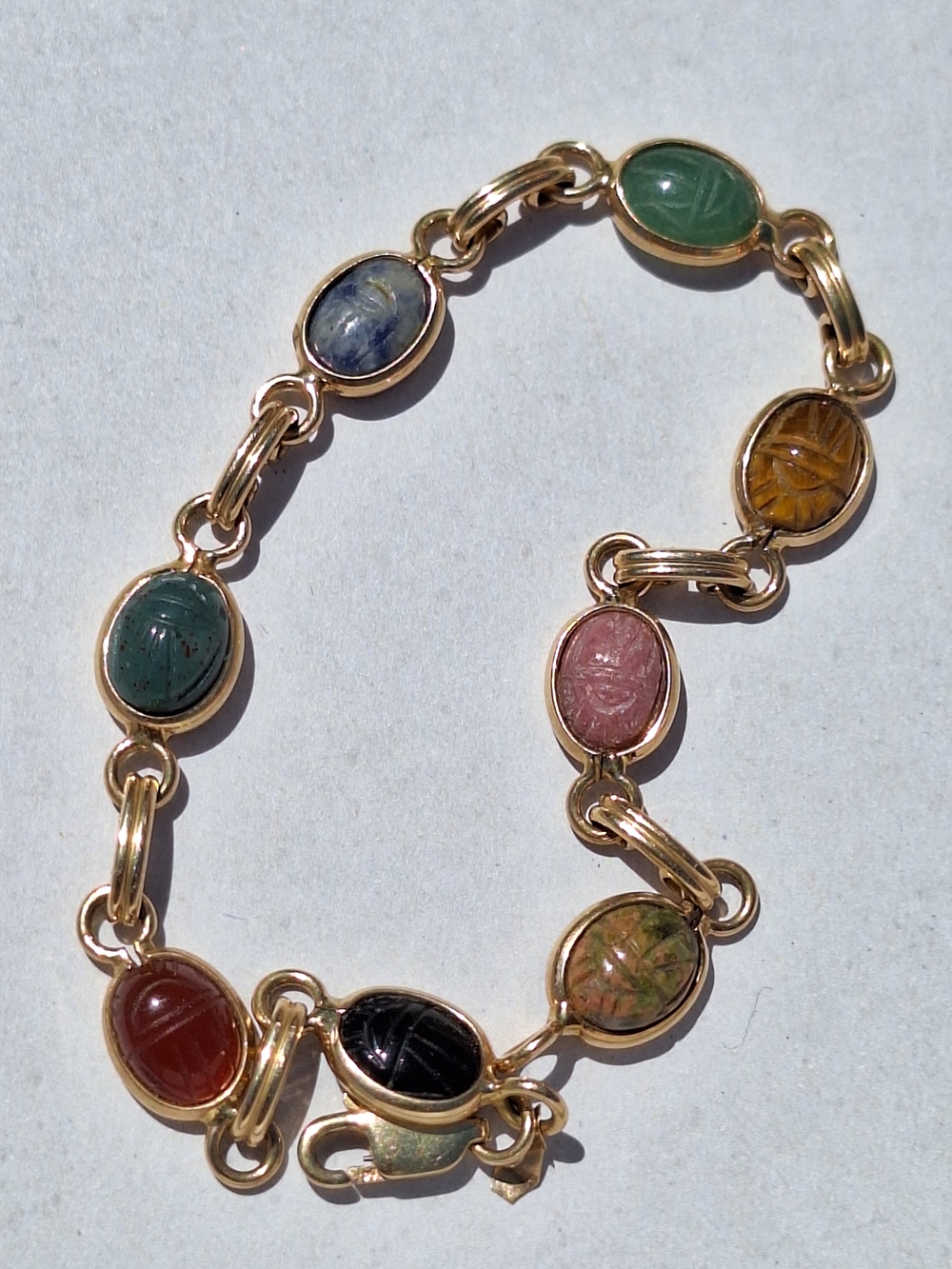 14K Gold Egyptian Revival Multi-Stone Scarab Link Bracelet - Assorted Colors
